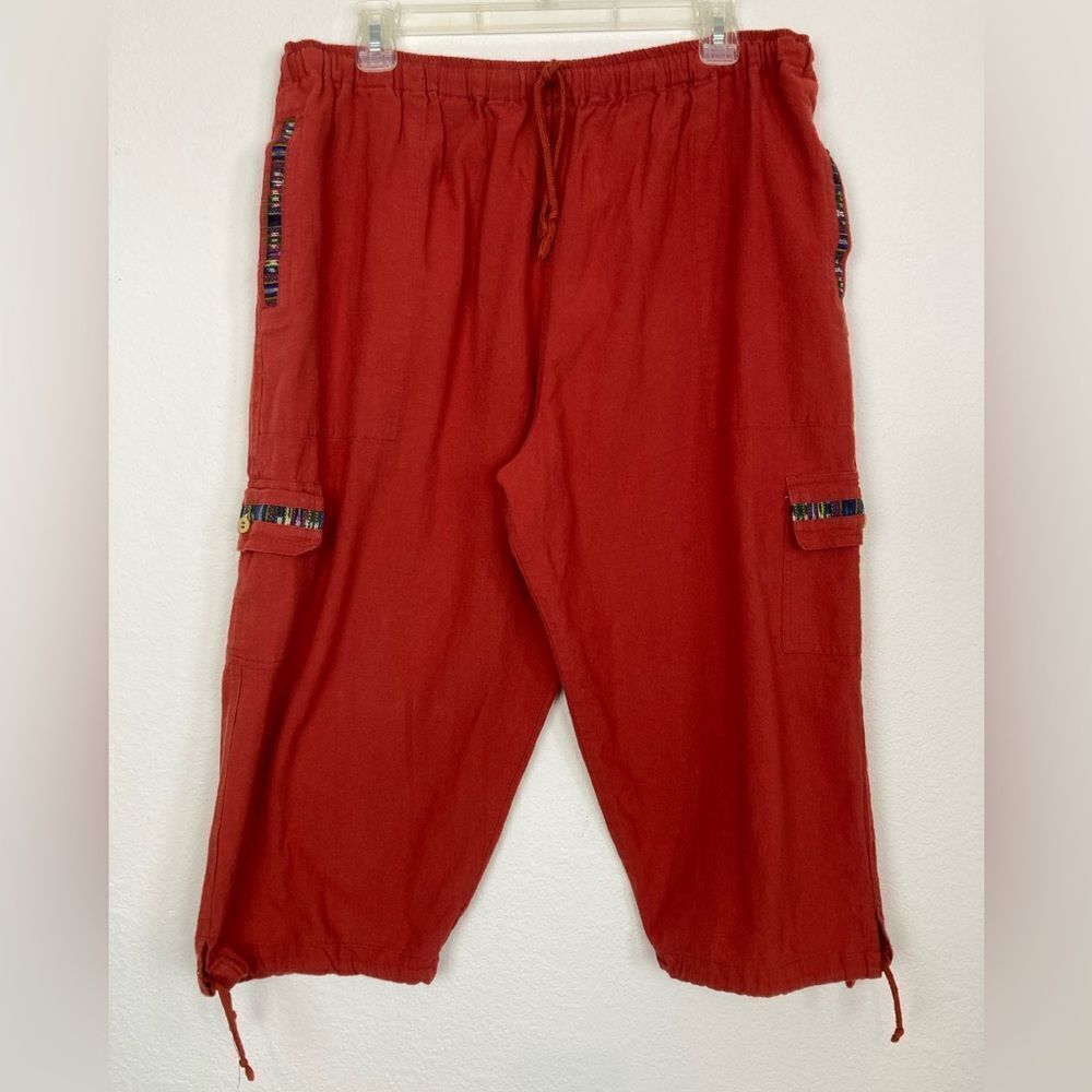 Boho full cropped embroidered Pants w/ cargo pockets elastic drawstring waist